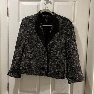 Talbots Black and White Tweed Blazer Size 14 One Button Closure Black Ribbon Tri